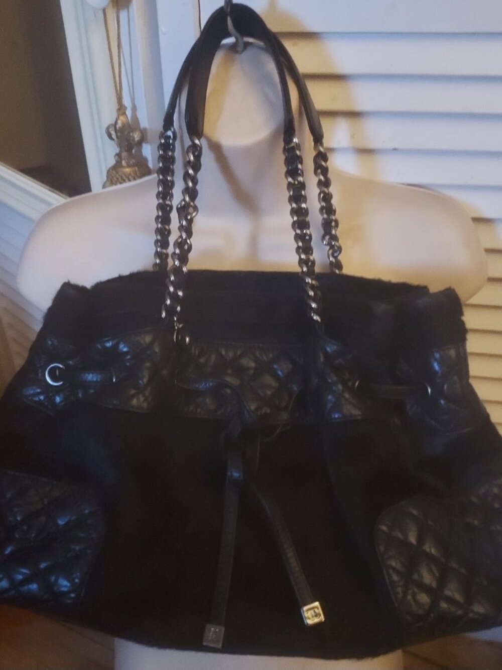 CHANEL CC BAG BLACK HARACO CHAIN LEATHER & PONY HAIR DRAWSTRING SATCHEL BAG